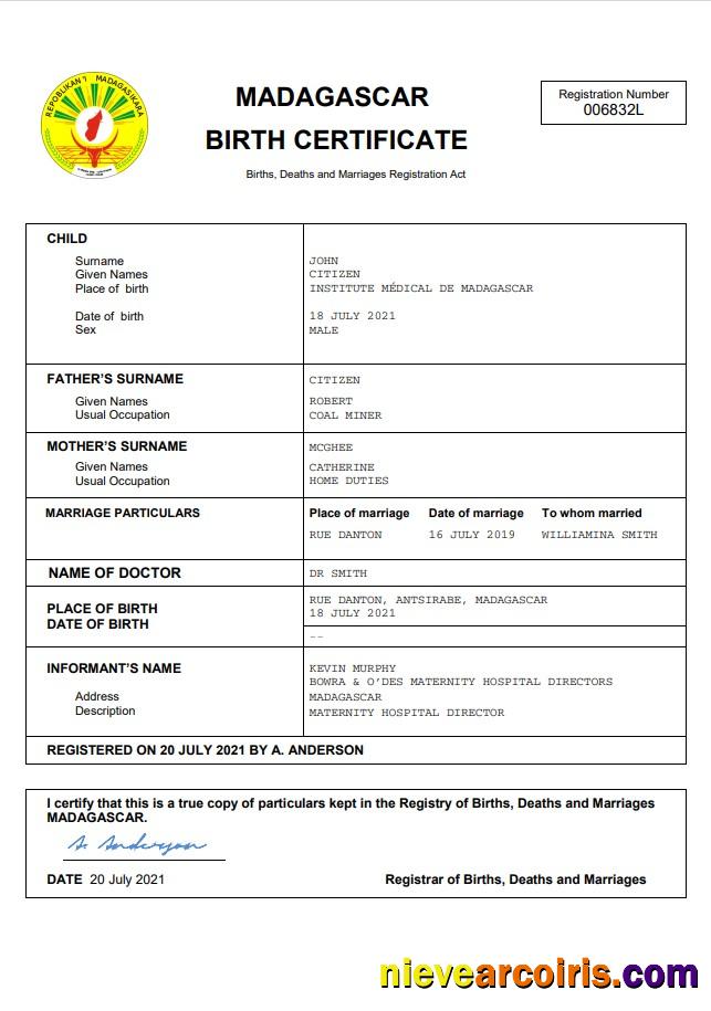 Madagascar vital record birth certificate